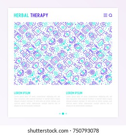 Herbal therapy concept with thin line icons: herbalist, decoction, aromatic oil, oil burner, tea. Vector illustration for banner, web page, print media.