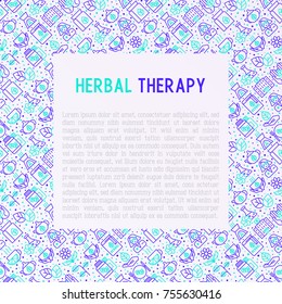 Herbal therapy concept with thin line icons: herbalist, decoction, aromatic oil, oil burner, tea. Vector illustration for banner, web page, print media.