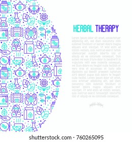 Herbal therapy concept with thin line icons: herbalist, decoction, aromatic oil, oil burner, tea. Vector illustration for banner, web page, print media.