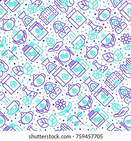 Herbal therapy seamless pattern with thin line icons: herbalist, decoction, aromatic oil, oil burner, tea. Vector illustration for banner, web page, print media.