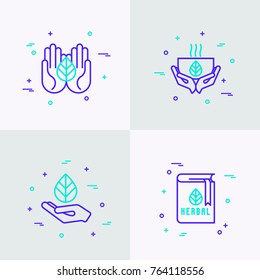 Herbal therapy thin line icons set: hands with leave, cup of tea, recipe book. Modern vector illustration.