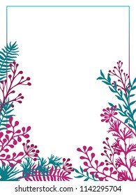 Herbal twigs and branches border frame vector invitation card. Rustic vintage bouquets with fern fronds, savory, mistletoe twigs, willow, palm branches in teal magenta cherry colors