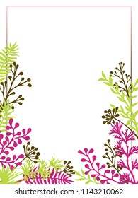 Herbal twigs and branches border frame vector invitation card. Rustic vintage bouquets with fern fronds, savory, mistletoe twigs, willow, palm branches in green, magenta, khaki colors.