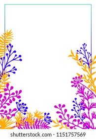 Herbal twigs and branches border frame vector invitation card. Rustic vintage bouquets with fern fronds, savory, mistletoe twigs, willow, palm branches in ultra violet, blue, yellow