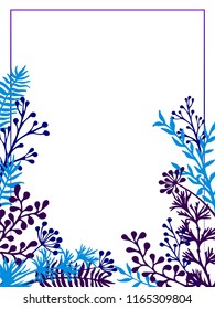 Herbal twigs and branches border frame vector invitation card. Rustic vintage bouquets with fern fronds, savory, mistletoe twigs, willow, palm branches in cyan dark blue grey colors.