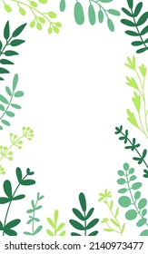 Kräuterzwirnchen und Blätterrahmen. Vektorgrafik auf Weiß.