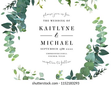 Herbal vector frame. Hand painted plants, branches, leaves on white background. Greenery botanical wedding invitation. Watercolor style. Natural card design. All elements are isolated and editable.