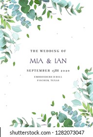 Herbal vector frame. Hand painted plants, branches, leaves on white background. Greenery botanical wedding invitation. Watercolor style. Natural card design. All elements are isolated and editable.