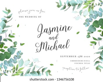 Herbal vector frame. Hand painted plants, branches, leaves on white background. Greenery botanical wedding invitation. Watercolor style. Natural card design. All elements are isolated and editable.