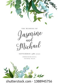 Herbal vector frame. Hand painted plants, branches, leaves on white background. Greenery botanical wedding invitation. Watercolor style. Natural card design. All elements are isolated and editable.