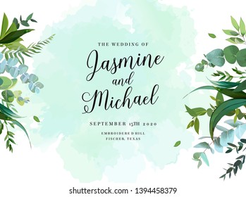 Herbal vector frame. Hand painted plants, branches, leaves on painted teal blue dye background. Greenery botanical wedding invitation. Watercolor style splash.Natural card design.Isolated and editable