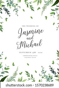 Herbal vector frame. Hand painted plants, branches, leaves on white background. Greenery botanical wedding invitation. Watercolor style. Natural card design. All elements are isolated and editable