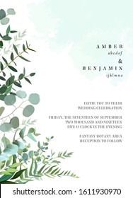 Herbal vector frame. Hand painted plants, branches, leaves on painted teal blue dye background. Greenery botanical wedding invitation. Watercolor style splash.Natural card design.Isolated and editable