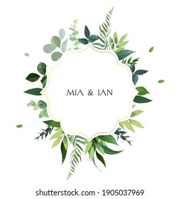 Herbal vector frame. Hand painted plants, branches, leaves on white background. Greenery botanical wedding invitation. Watercolor style. Natural card design. All elements are isolated and editable.