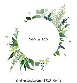 Herbal vector frame. Hand painted plants, branches, leaves on white background. Greenery botanical wedding invitation. Watercolor style. Natural card design. All elements are isolated and editable.