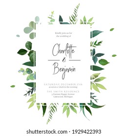 Herbal vector frame. Hand painted plants, branches, leaves on white background. Greenery botanical wedding invitation. Watercolor style. Natural card design. All elements are isolated and editable.