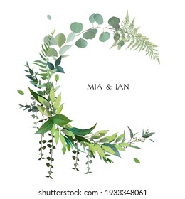 Herbal vector frame. Hand painted plants, branches, leaves on white background. Greenery botanical wedding invitation. Watercolor style. Natural card design. All elements are isolated and editable.