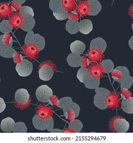 Herbal Vector Pattern With Red Eucalyptus Flower. Seamless Fabric Dark Background.