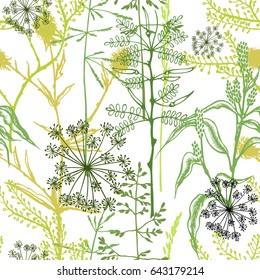 Herbal vector seamless pattern. Floral background with wild summer flowers and leaves. Organic theme.