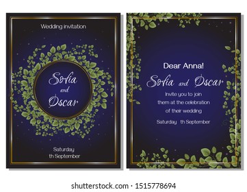 Herbal vector template for invitation. Green branches, leaves, plants, dark background with stars.