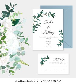 Herbal vertical invitation vector minimalist frames. White rose, hydrangea, eucalyptus, emerald and mint greenery, green plants. Dusty blue wedding design cards. All elements are isolated and editable