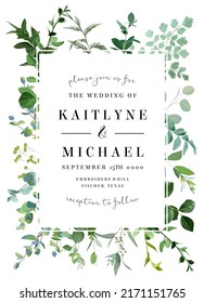 Herbal vertical vector frame. Hand painted plants, branches, leaves on a white background. Greenery wedding simple invitation template. Watercolor style card. All elements are isolated and editable