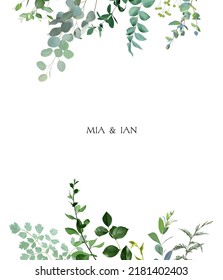 Herbal vertical vector frame. Hand painted plants, branches, leaves on a white background. Greenery wedding simple invitation template. Watercolor style card. All elements are isolated and editable