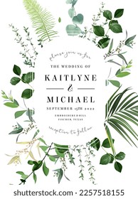 Herbal vertical vector frame. Hand painted plants, branches, leaves on a white background. Greenery wedding simple invitation template. Watercolor style card. All elements are isolated and editable