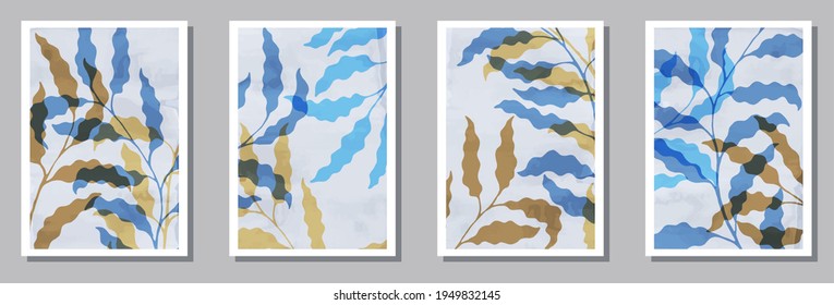 Afiches de arte en las paredes de hierbas. Diablos de primavera con follaje. El eucalipto deja un diseño botánico minimalista. Cubiertas de plantas saladas. Ramifica la ilustración vectorial. diseño vectorial...