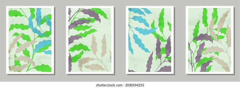 Herbal wall art prints collection. Summer twigs with foliage. Summer twigs minimal botanical backgrounds. Willow nature templates. Branches vector illustration. vector design..