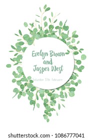 Herbal wedding invitation, greeting card, banner, certificate, label with green eucalyptus leaves and branches in a round frame isolated on white background. Vector pattern vertical
