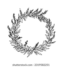 Herbal wreath vector illustration. Botanical wild meadow grass round frame. Monochrome sketch drawing for cards, invitation, banner, poster, print, textile decoration.