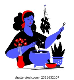 Herbalist making potion - colorful flat design style illustration with linear elements. Red and blue composition with beautiful woman cooking natural ingredients in a cauldron. Natural cosmetic idea