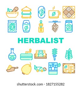 Herbalist Medical Collection Icons Set Vector. Scissors And Dryer, Organizer And Package Herbalist Equipment, Herbal Tea And Medicine Pills Concept Linear Pictograms. Color Contour Illustrations