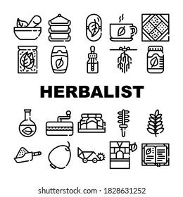 Herbalist Medical Collection Icons Set Vector. Scissors And Dryer, Organizer And Package Herbalist Equipment, Herbal Tea And Medicine Pills Black Contour Illustrations
