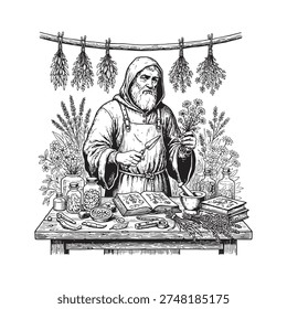 Herbalist monk preparing medicinal herbs, surrounded by bottles and books, detailed vintage illustration, black and white.
Medieval herbalist engraving.