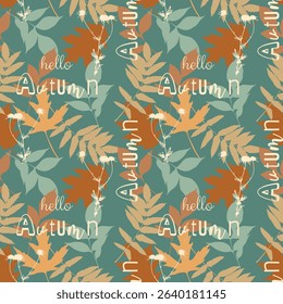 Herbarium with autumn leaves, autumn vibe, seamless pattern with bright silhouettes of leaves. Vector illustration