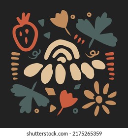 Herbarium doodle trendy retro square card. Cute hand drawn abstract flower and leaf vector illustration with scribbles, lines, dots, geometrical shapes. Modern t shirt print, poster, banner