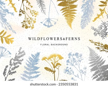 Banner floral de herbario. Ramas elegantes de flores secas, hojas, hierbas, prados y helechos. Decoración azul, gris, dorada y plateada. Fondo vector EPS10. 