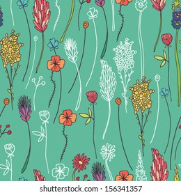 herbarium of flowers blue seamless pattern