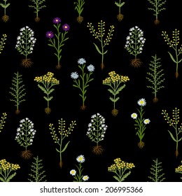 Herbarium flowers with roots, seamless pattern, vector illustration