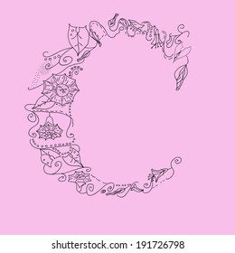 Herbarium font, type. Floral vector letters. Letter C. Flower alphabet.