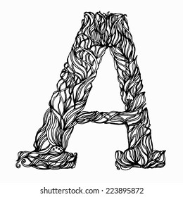 Herbarium font, type. Herbal vector letters. Letter A. Can be used as adult coloring book, coloring page.