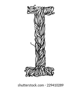 Herbarium font, type. Herbal vector letters. Letter I. Can be used as adult coloring book, coloring page.