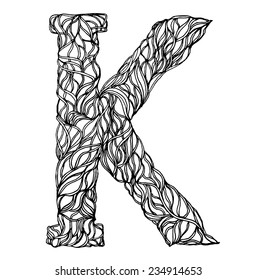 Herbarium font, type. Herbal vector letters. Letter K. Can be used as adult coloring book, coloring page.