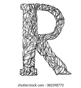 Herbarium font, type. Herbal vector letters. Letter R. Can be used as adult coloring book, coloring page.