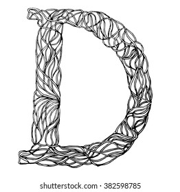 Herbarium font, type. Herbal vector letters. Letter D . Can be used as adult coloring book, coloring page.