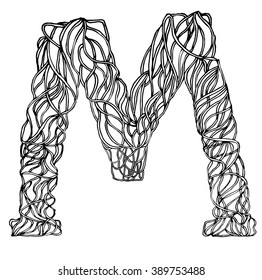 Herbarium font, type. Herbal vector letters. Letter M. Can be used as adult coloring book, coloring page.
