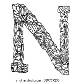 Herbarium font, type. Herbal vector letters. Letter N. Can be used as adult coloring book, coloring page.