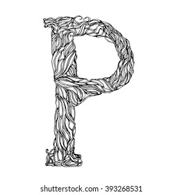 Herbarium font, type. Herbal vector letters. Letter P. Can be used as adult coloring book, coloring page.